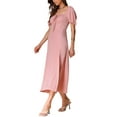 thumbnail image 4 of INSPIRE CHIC Women's Dress Square Neck Tie Front Puff Sleeve Smocked Back Side Split Long Dresses XS Pink, 4 of 5