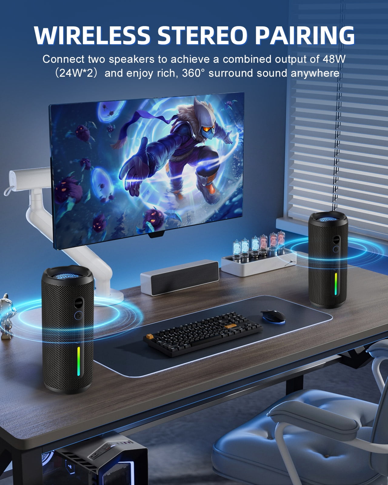 Portable Bluetooth Speaker, 24W Stereo Sound, IPX7 Waterproof, Bluetooth 5.3, RGB Lights, Dual Pairing, 30H Playtime for Outdoor Home Party