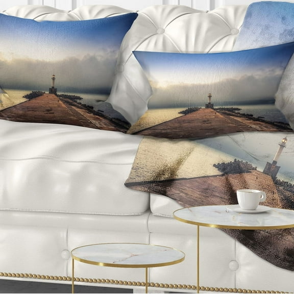 Designart Lighthouse on Coast and Cloudy Sky - Modern Throw Pillow - 12x20