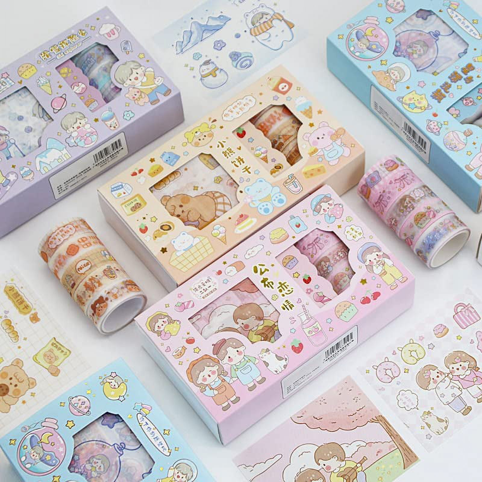 Danceemangoos Kawaii Washi Tape Set - 4 Rolls Cute Washi Paper Masking Tape and 4pcs Stickers Set, DIY Decorative Stickers for Journaling, Yellow