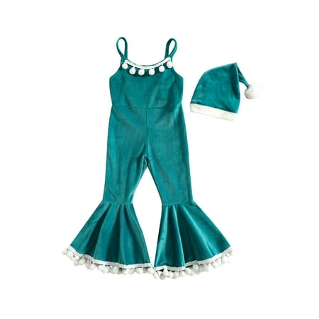 

Peyakidsaa Little Baby Girls Christmas Romper Plush Ball Tassel Sleeveless Sling Flare Pants Jumpsuit + Hat