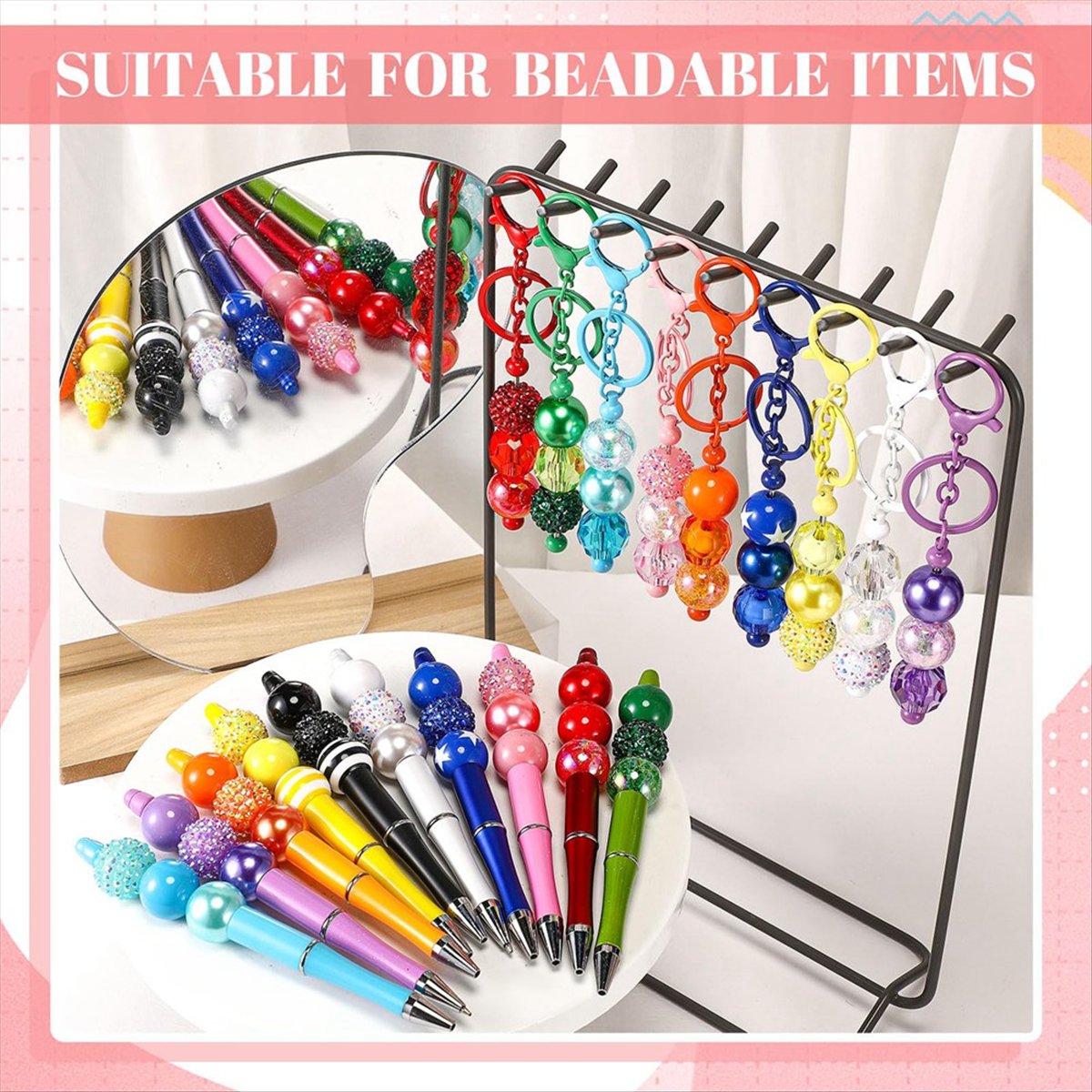 100 Pcs 20mm Beads for Pens Rhinestone Bubblegum Beadable Keychains DIY Craft Pen Jewelry Making