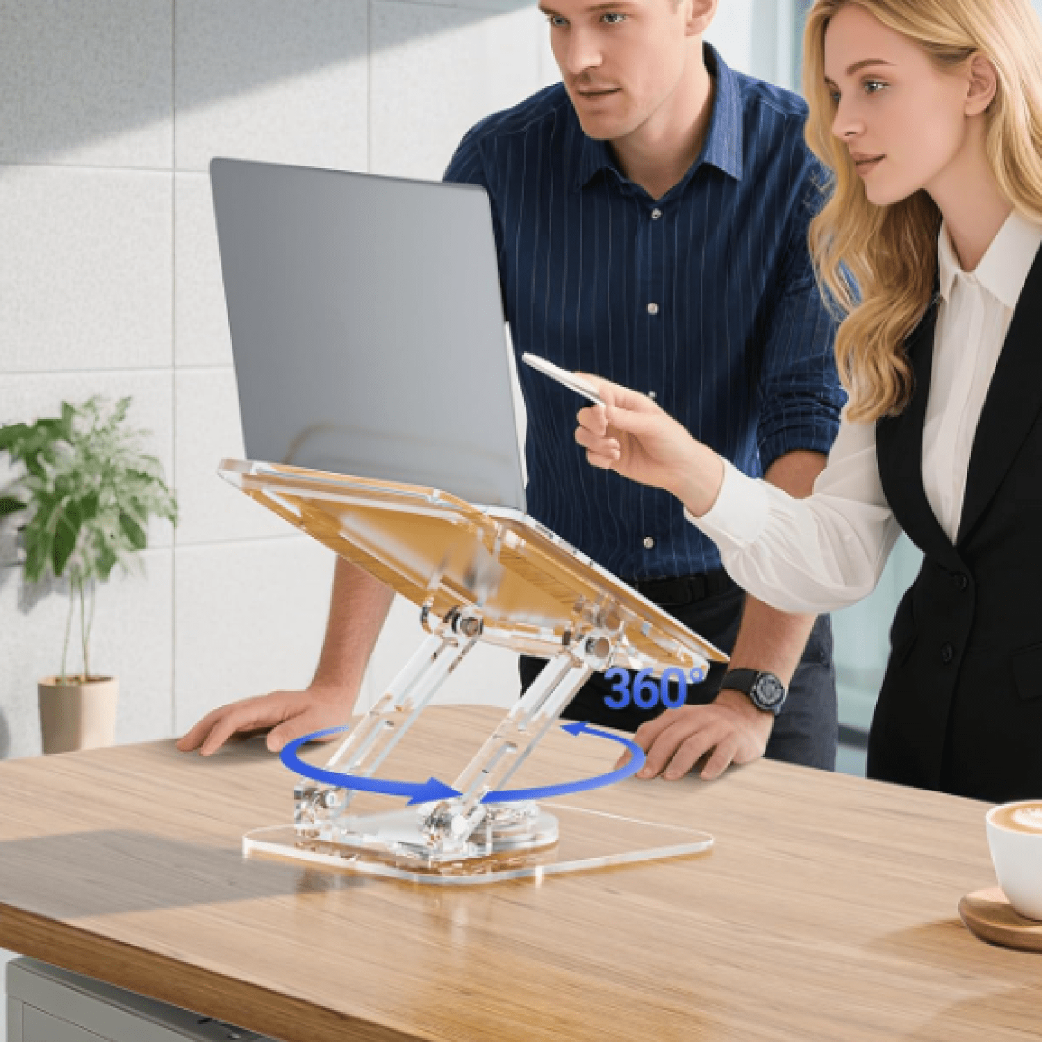 Laptop Stand for Desk - Adjustable, Foldable Clear Acrylic Riser with 360° Rotating Base, Ergonomic Laptop Holder for MacBook Pro/Air & 10-16” Notebooks