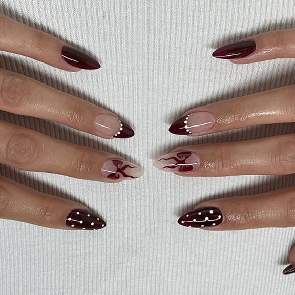 24Pcs Almond Fake Nails Artificial Nails False Nails Glues On Nails Bowknot Designs French Nails Tips