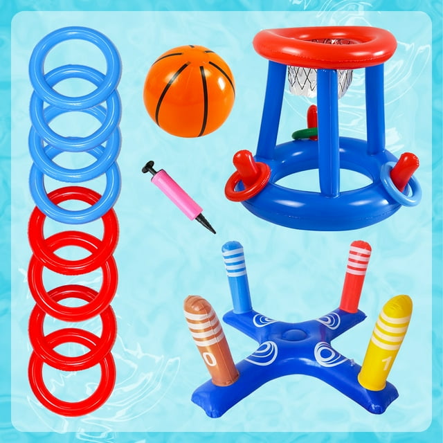 PVC Inflatable Water Basketball Hoop & Ring Toss Set for Kids (7-14) & Adults - Includes 1 Hoop, 8 Cross-Shaped Rings, Hand Pump - 57x52cm - Enhances Coordination, Interactive Pool Games, Quick
