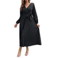 thumbnail image 3 of Sunloudy Vestido casual para mujer, cuello en V, manga larga, color sólido, cintura alta, plisado, vestidos largos con cinturón Sunloudy S M L XL, 3 of 8