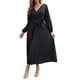 thumbnail image 3 of Sunloudy Vestido casual para mujer, cuello en V, manga larga, color sólido, cintura alta, plisado, vestidos largos con cinturón Sunloudy S M L XL, 3 of 8
