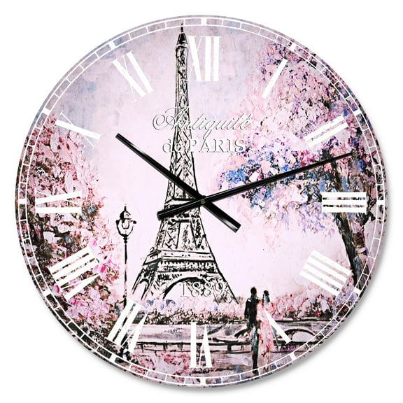 Designart 'Eiffel with Pink Flowers' French Country wall clock