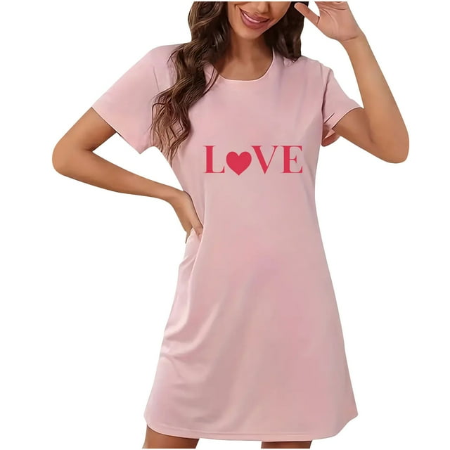Amzcrzy Pyjamas pour Femmes Cadeaux de la Saint-Valentin pour Femmes Robe de Nuit Midi à Manches Courtes Col Rond Mode Cœur Graphique Robe de la Saint-Valentin