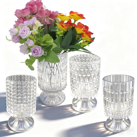 4 Pack Flower Vases for Centerpieces, Vintage Glass Pedestal Vase Set, Decorative Embossed Big Base Vase, Cylinder Vase for Wedding, Home, Party, Office