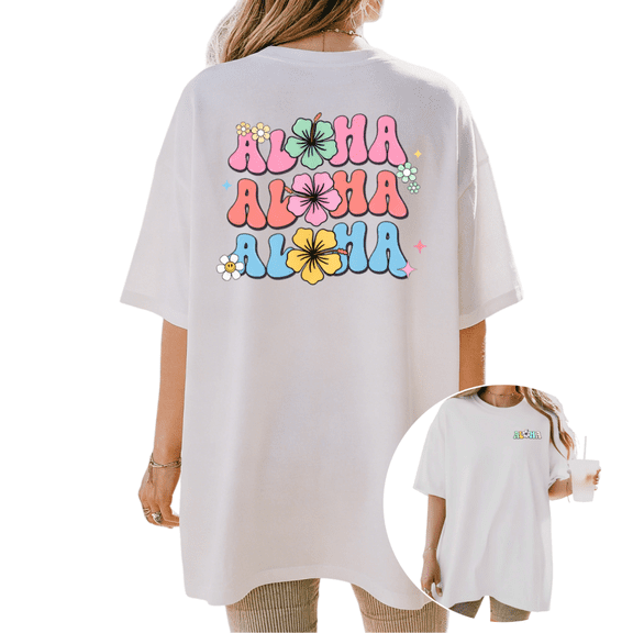 Cozymy Women's Retro Aloha Hawaii Floral Stacked Letter Graphic Crewneck Short Sleeve T-Shirt Casual Oversized Loose Soft Breathable Summer Vacation Beach Daily Tee Top