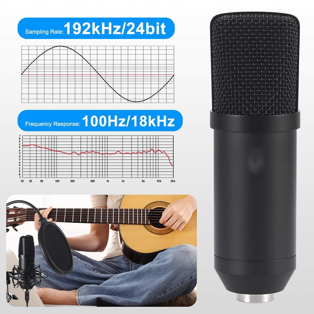USB Streaming Podcast PC Microphone: Professional Computer Mic 192kHz/24bit Studio Cardioid Condenser Mic Kit with Sound Card Boom Arm Shock Mount Pop Filter,for Skype