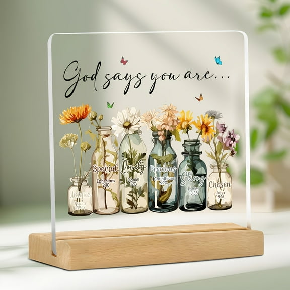 Acrylic Christian Bible Verse Sign "God Says You Are" Perfect For Women'S Gifts Christmas Or Birthday Decor Gift Item | Floral Sign | Wooden Base Christian Wall Art