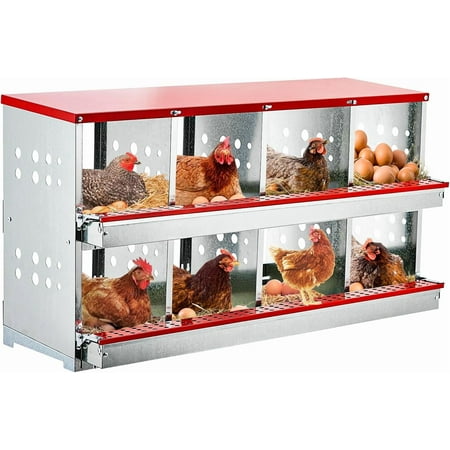 QinaQin 8 Compartment Nesting Boxes for Chickens Forward RollOut & Rollaway Metal Heavy Duty Chicken Coop with Perch Nesting Boxes for Hens Duck Poultry Red