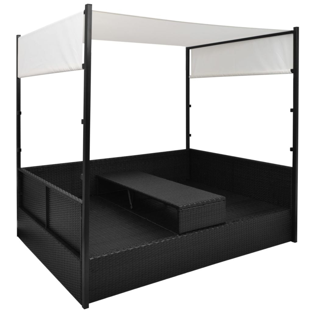 Kepooman Outdoor Rattan Double Chaise with Canopy & Bed Coffee Table, Black Kepooman Outdoor Rattan Double Chaise with Canopy & Bed Coffee Table, Black