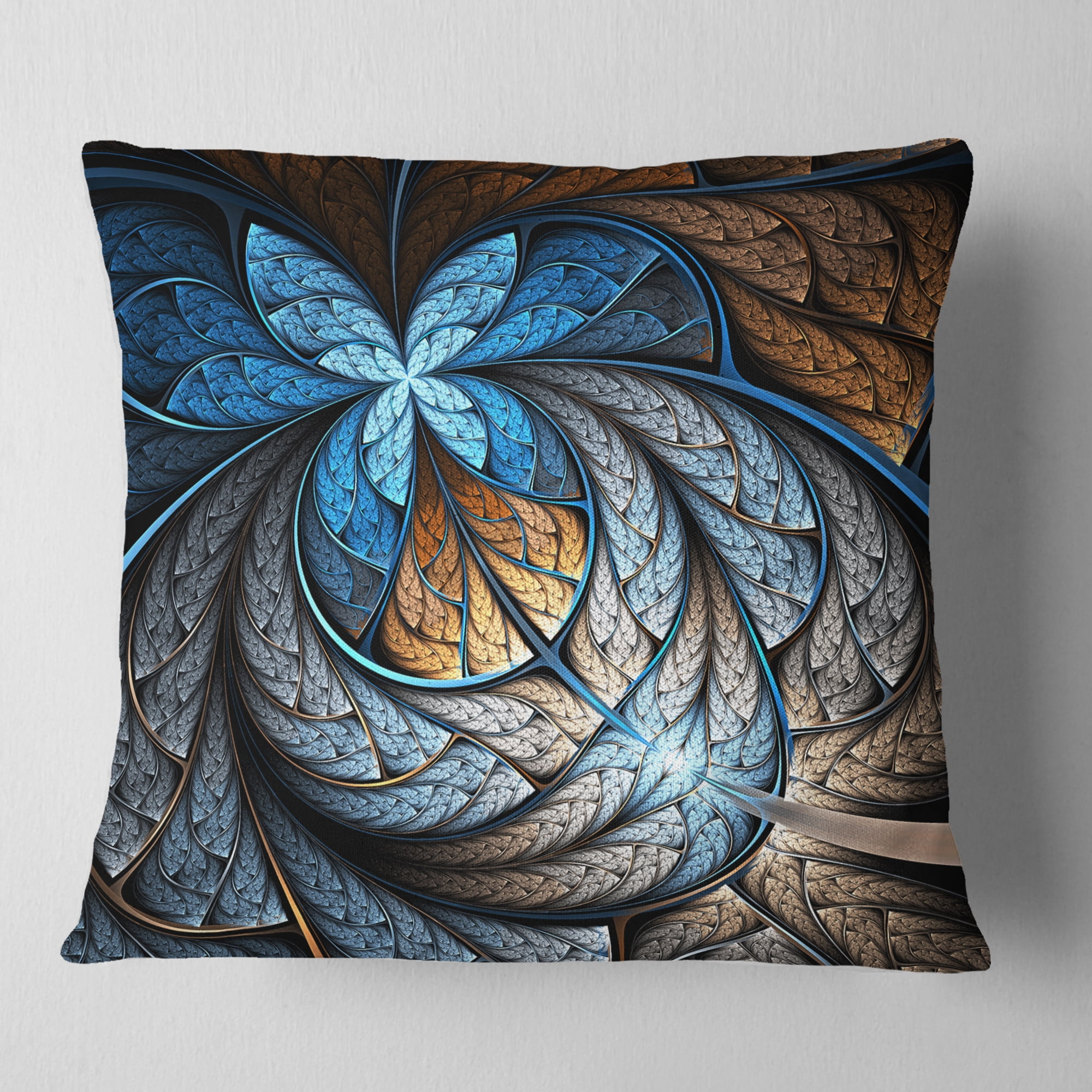 Designart Blue Brown Fractal Flower Pattern - Floral Throw Pillow - 18x18