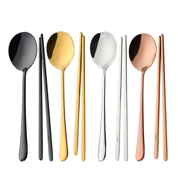 4 Sets Stainless Steel Flatware Set Korean Style Cutlery Solid WideTableware Spoons Chopstick for Banquet Party (Golden + Silver + Rose Golden + Black)