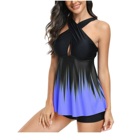 Wycnly Womens Swimsuits Clearance Modest Swimsuits for Women Modest Swimsuits Tankini Set Summer Hollow out Gradient Print High Waist Boyshorts Bathing Suit Women Swimsuits