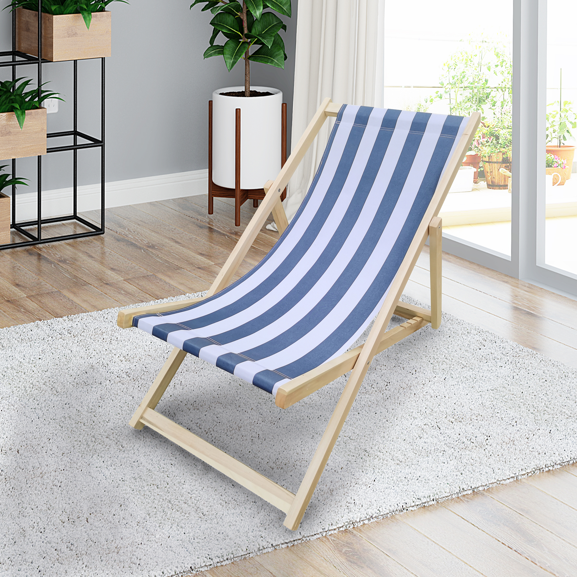 Outdoor Foldable Patio Lounge Chair, Beach Sling Chair, Outdoor Reclining Beach Chair Wooden Folding Adjustable Frame Solid Eucalyptus Wood with Blue Stripe Polyester Canvas Portable - image 1 of 7