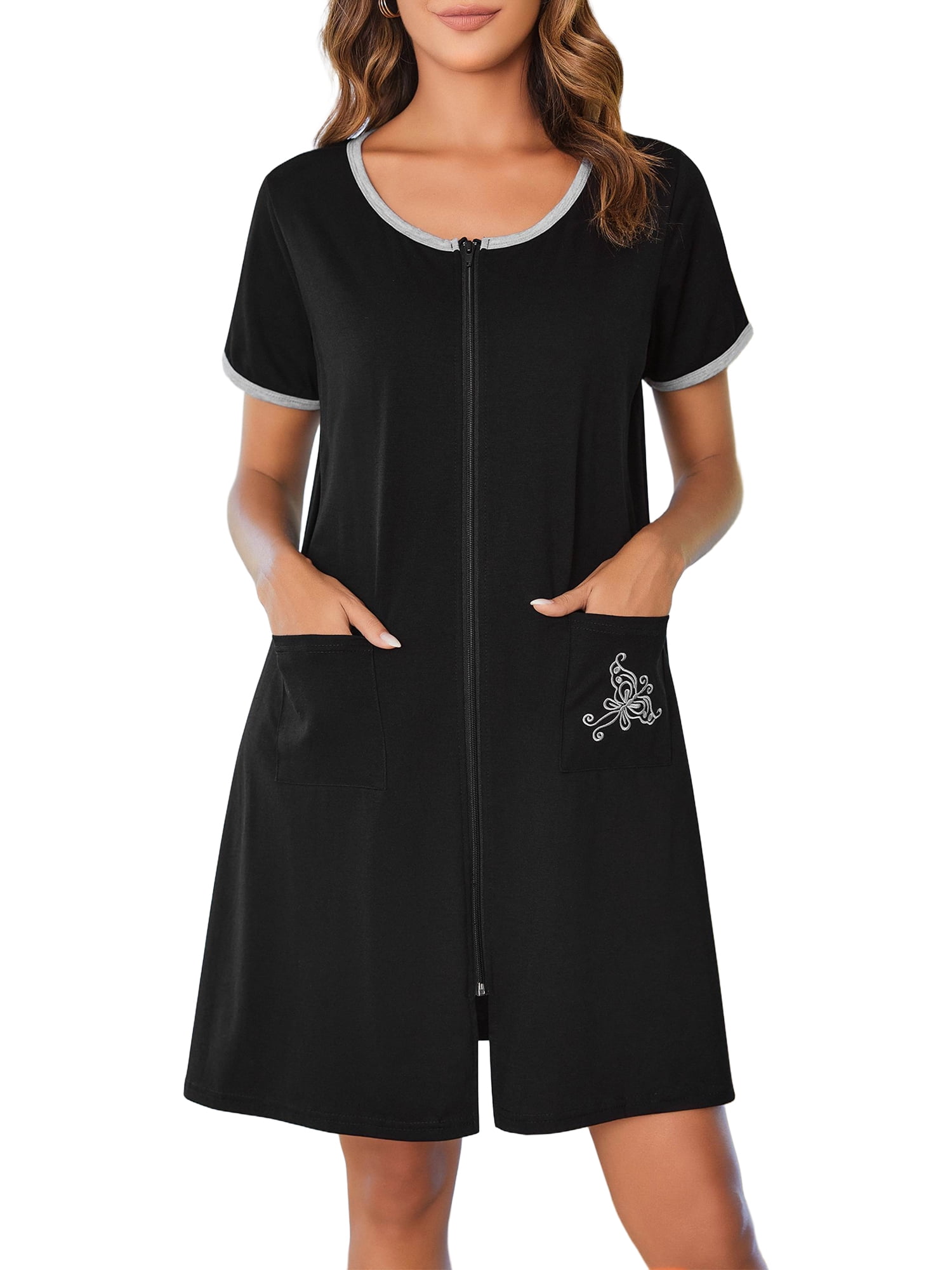 zip up short dressing gown INSPIRE CHIC Womens Zipper Robes Waffle Short Sleeves Knee Length Lightweight House Coat Sleepwear Bathrobe with Pockets Small Black