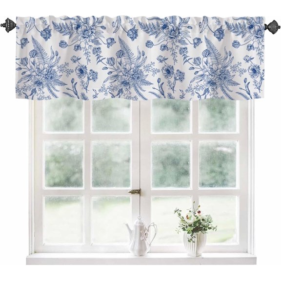 Valance Curtains for Windows,Blue Plants Flowers Semi Sheer Curtain Valance,Watercolor Floral Leaves Window Valance Curtains,Short Rod Pocket Window Treatment for Kitchen Living Room 54"x18"