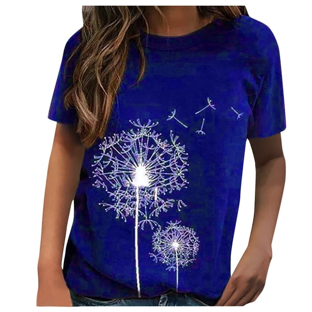 Gibobby Playera de Manga Corta con Cuello Redondo Camiseta suelta con cuello redondo para mujer, blusa informal corta a la moda con mangas, blusa para mujer(Marina,CH)