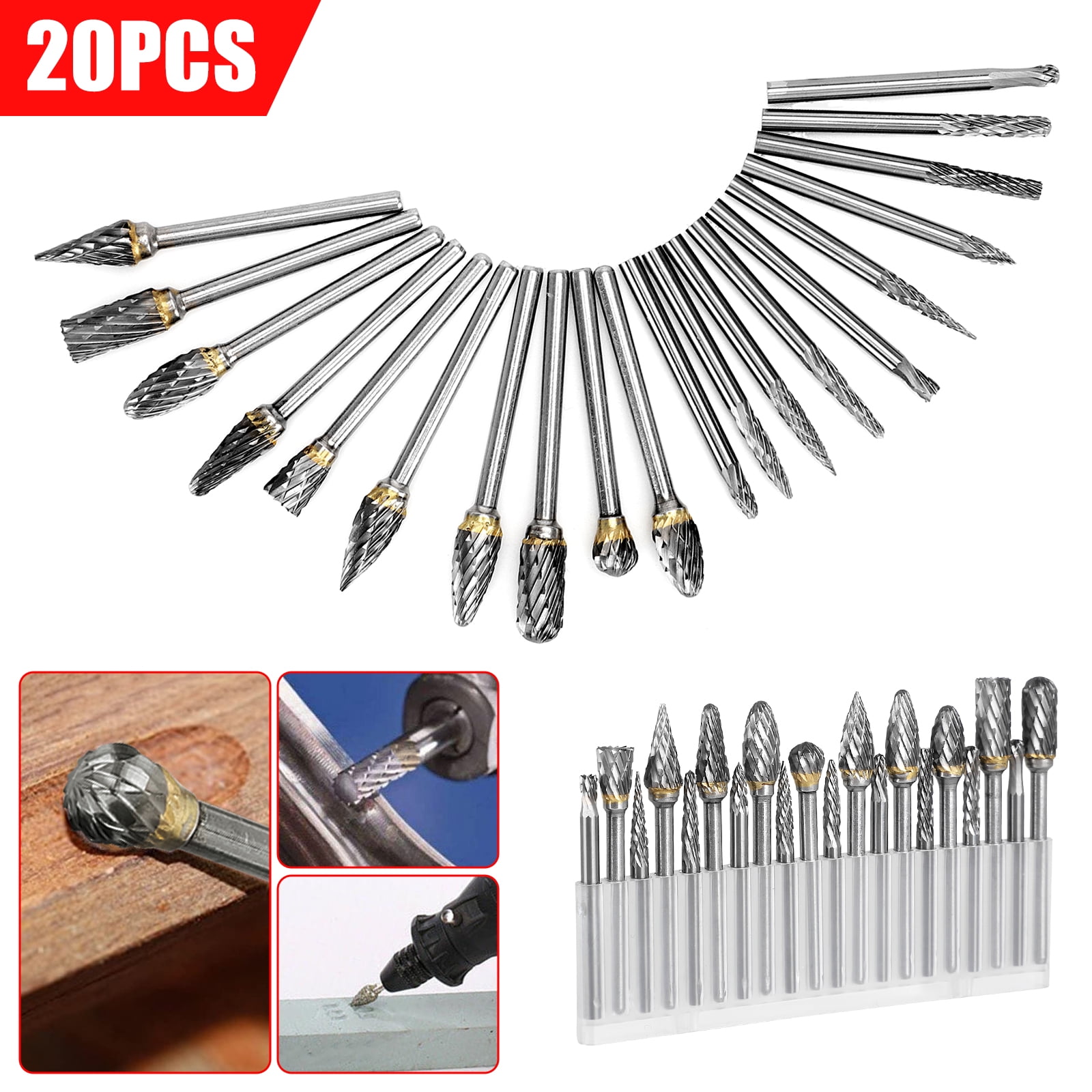 20pcs Tungsten Carbide Rotary Burr Set, 1/8 Inch Shank Tungsten Steel Solid Carbide Rotary Files