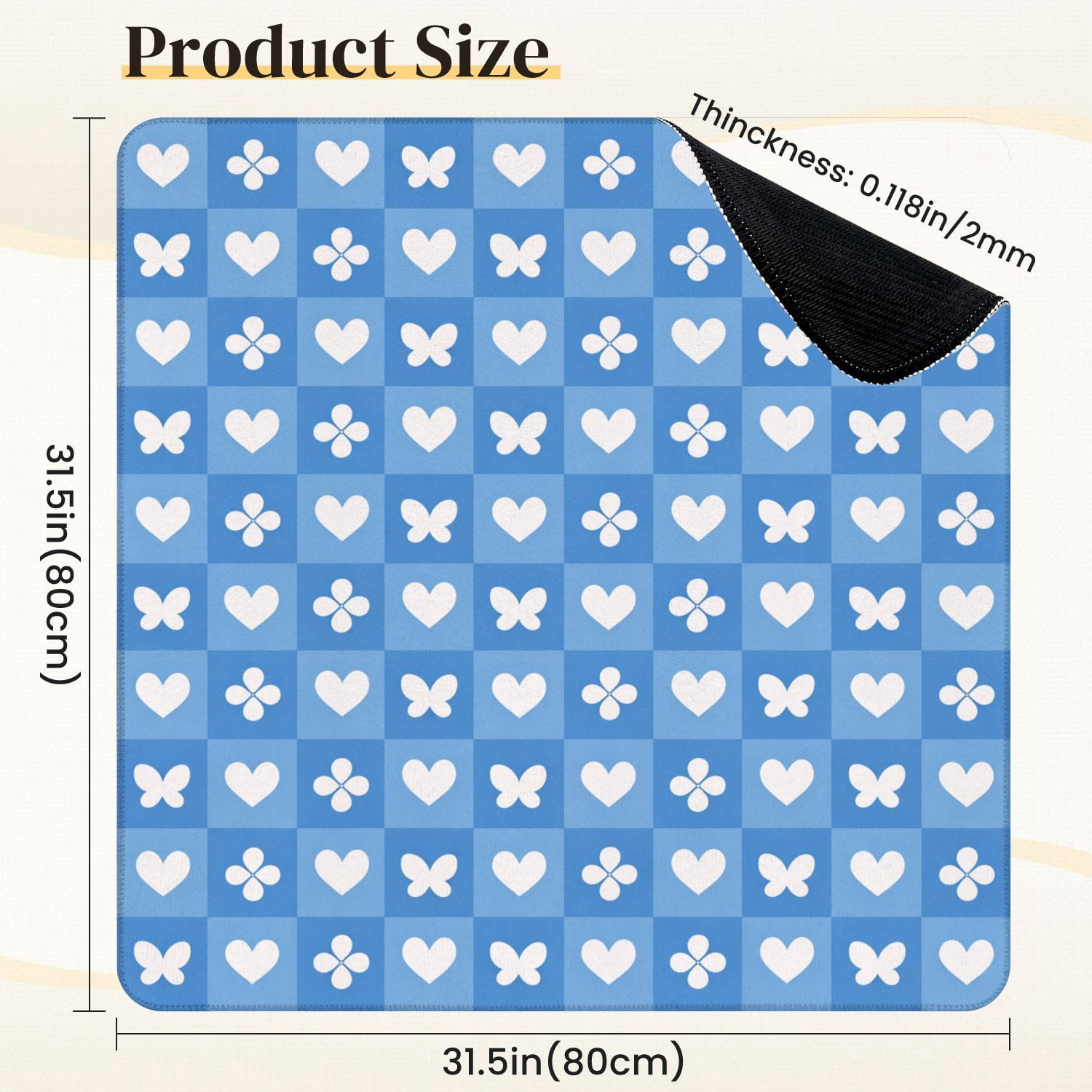 Mahjong Mat 31.5" x 31.5" Blue Gingham Heart Flower Motifs Non-Slip Noise Reduction Mahjong Tiles Table Cover for Dominoes Poker Card Board and Tile Games