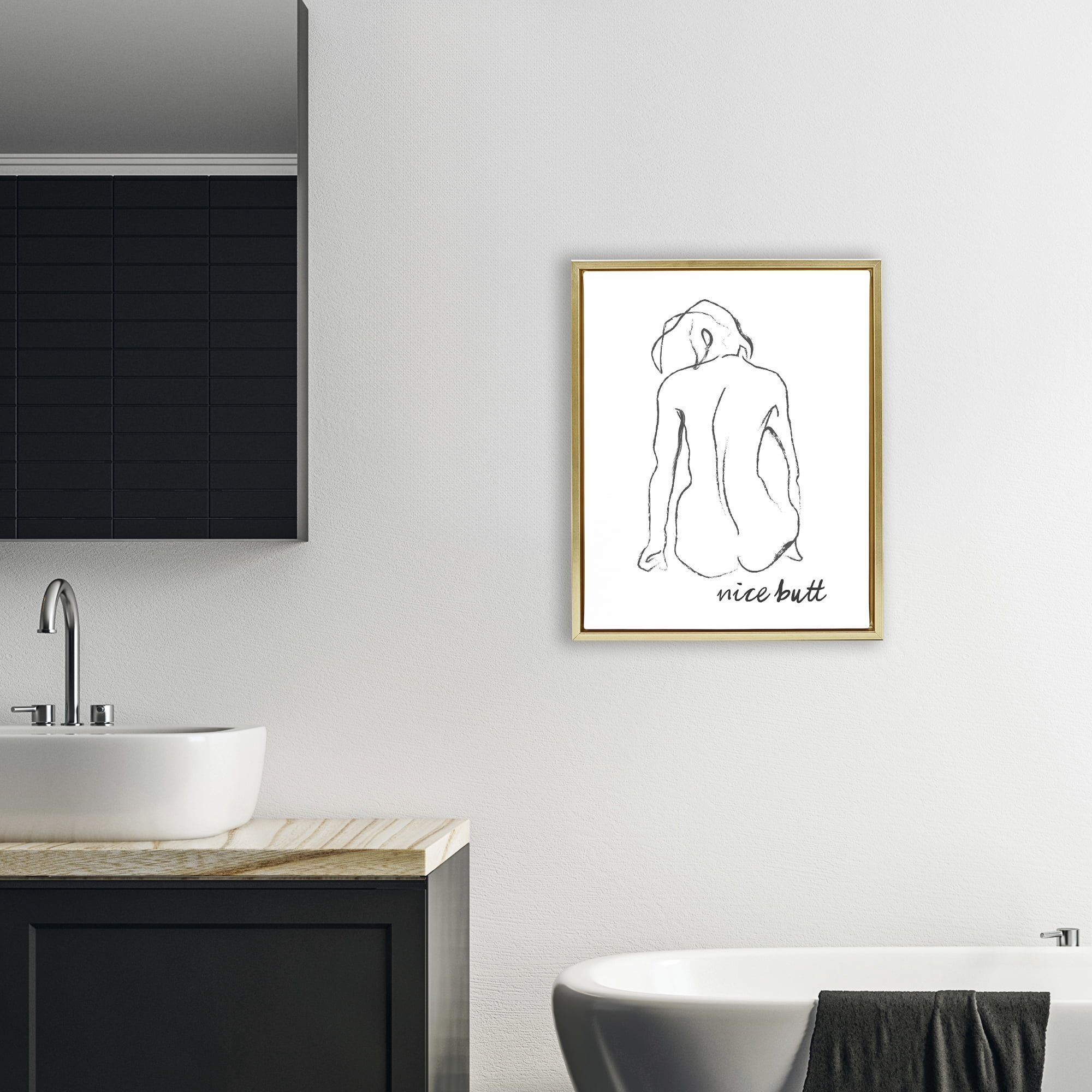 Stupell Industries Nice Butt Bathroom Refresh Gold Framed Floater Canvas Wall Art, design by Lettered and Lined