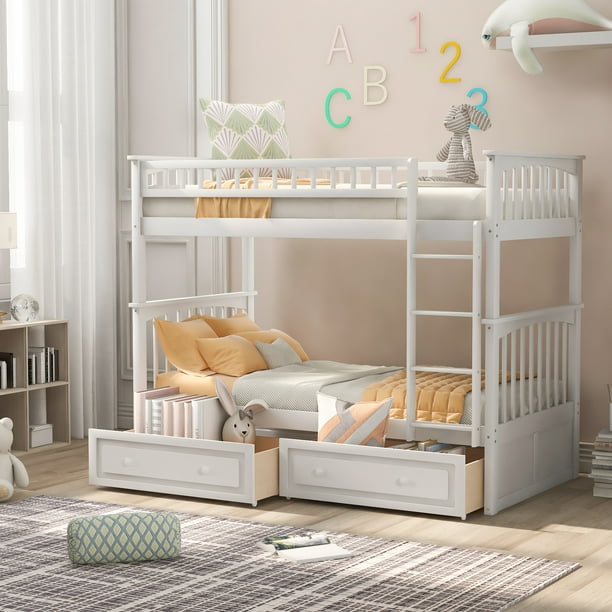ARCTICSCORPION Twin Over Twin Bunk Bed With 2 Drawers, Wood Bunk Bed