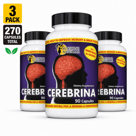 Sunshine Naturals Cerebrina Dietary Supplement with Magnesium Stearate & Gelatin for Cognitive Support, Circulatory Health - 90 Count, 3 Pack
