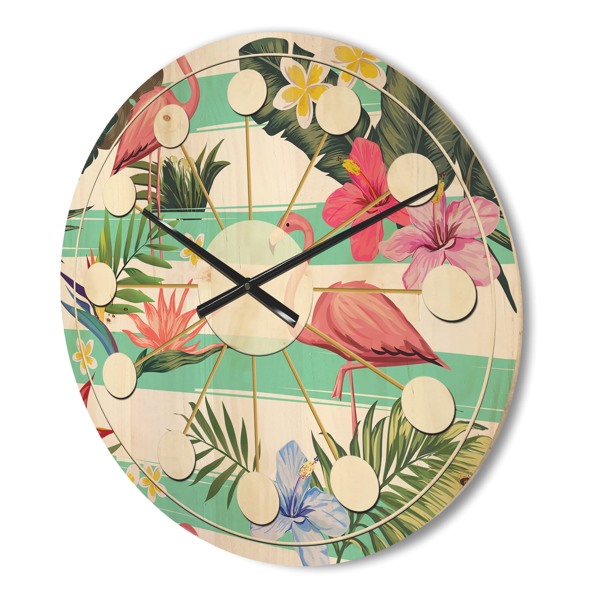Designart 'Tropical Botanicals, Flamingo and Flowers' Mid-Century Modern Wood Wall Clock