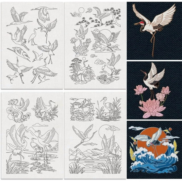 23Pcs Cranes Water Soluble Hand Sewing Stabilizers 8.3"x11.7" Cranes Bird Landscape Embroidery Pattern Stabilizer 4 Sheets Animal Stick and Stitch Embroidery Paper Sticker