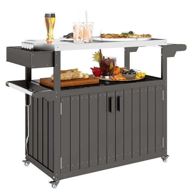 Outsunny Chariot de Bar d'Extérieur, Table de Bar d'Armoire de Cuisine d'Extérieur en HDPE avec Roues