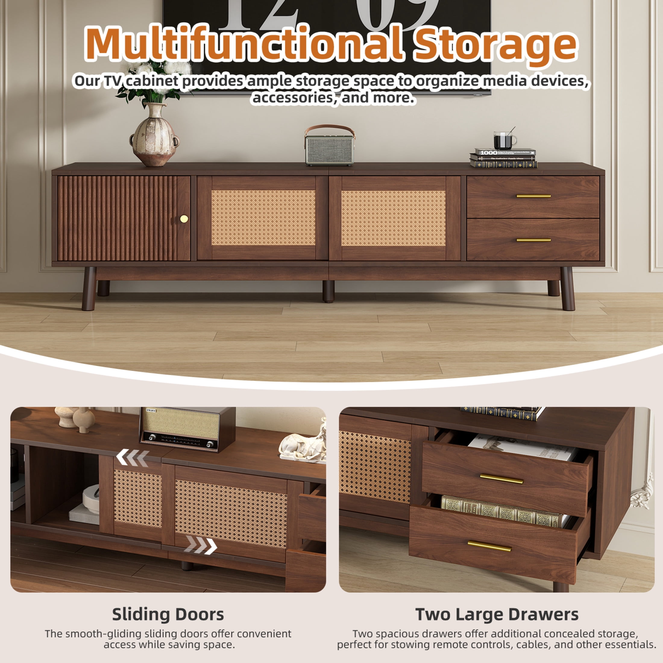 Noble House Mid Century TV Stand for TVs up to 80", Storage Cabinets and Drawers, Dark Brown