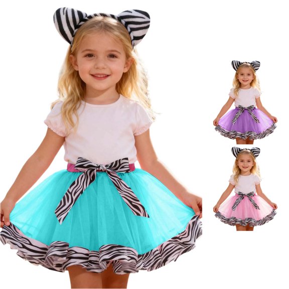 SUXIAN Girl Skirt Floral Print Tutu With Headband Ballet Dance Performance Outfit For Kids Girls Skirts Sky Blue_005 2-4 Years