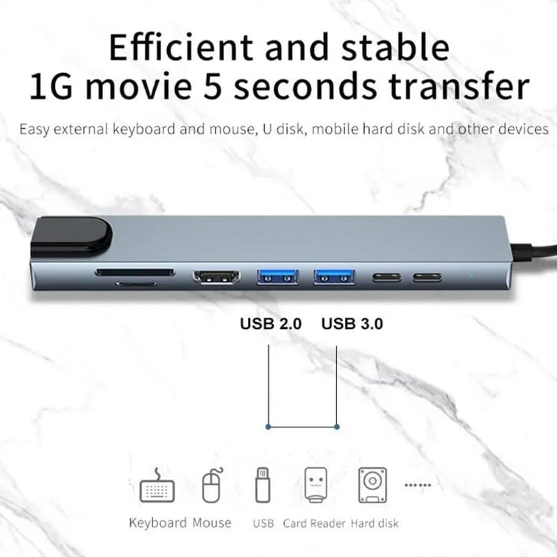Generic USB 8 in 1 Type C 3 1 to 4k Hd Hub Adapter with Sd Tf Rj45 Card Reader Pd Fast Charge for Macbook Notebook Computer, Silver