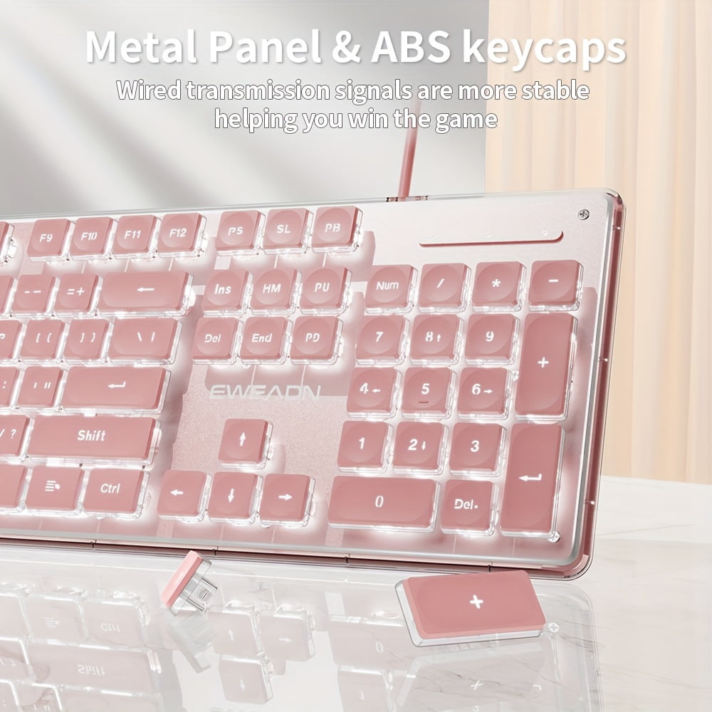 A stylish keyboard with an all-metal panel, 104-key wired connection, comfortable keycaps, silent buttons, and white backlighting. Suitable for gaming and office work, compatible with Windows laptops