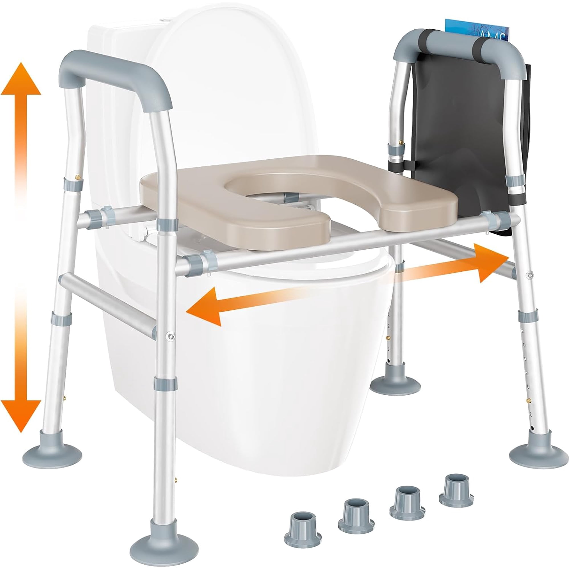 Raised Toilet Seat with Handles for Seniors, Adjustable Height & Width Toilet Seat Riser, 8 Heights, Load Capacity 400lbs, Big Foot Cap, Shower Chair for Elderly, Handicap, Pregant