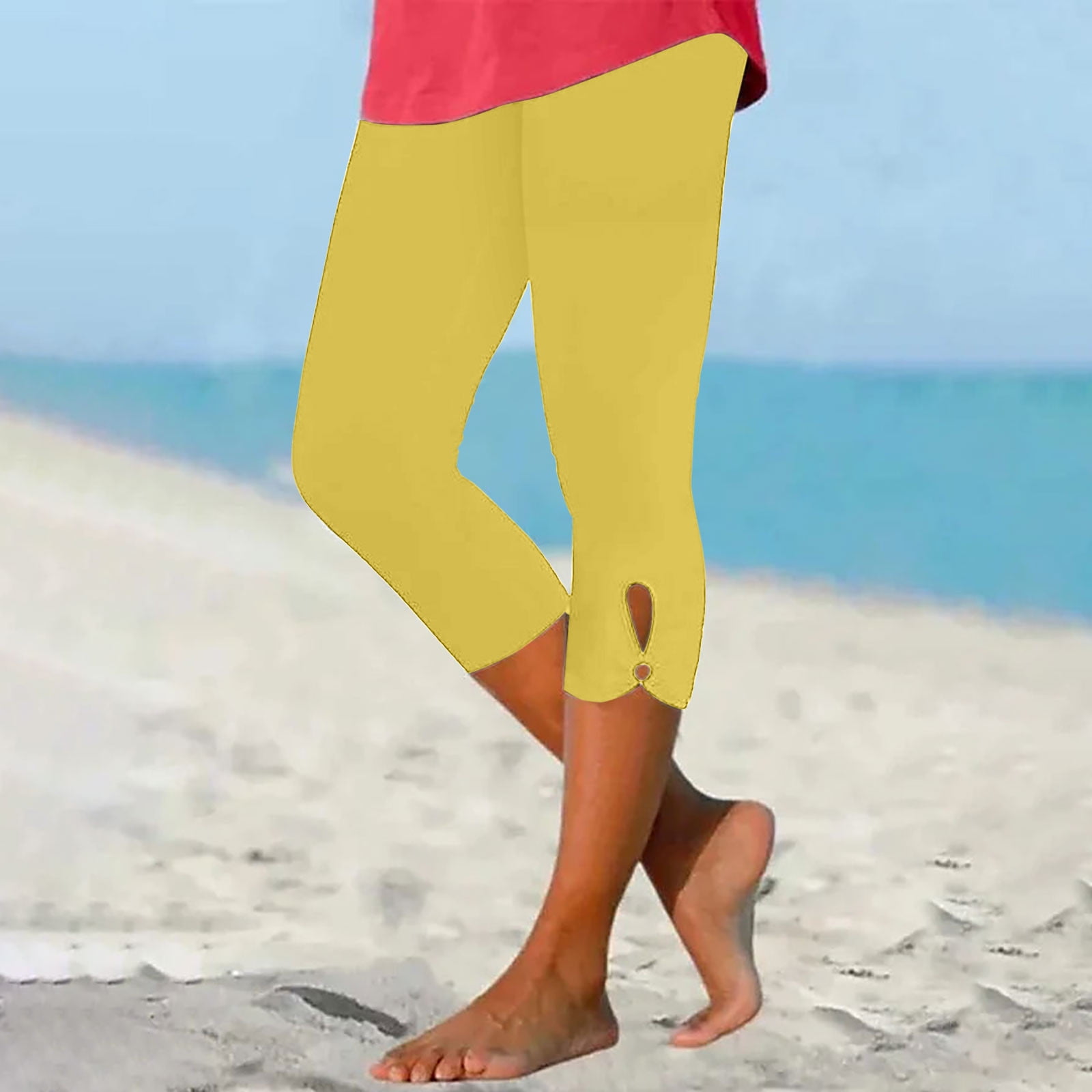 Summer Savings Clearance Pezhada Women s Knee Length Capri Leggings With Pockets For Casual Summer Yoga Workout Exercise Yellow Yellow