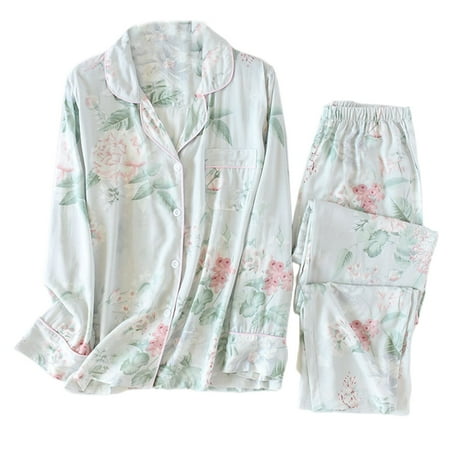 

BYDOT Women Autumn 2 Piece Cotton Pajamas Set Long Sleeve Lapel Button Down Tops Loose Pants Vintage Floral Printed Sleepwear Home Loungewear
