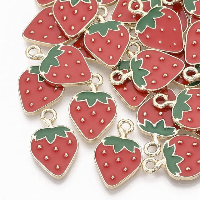 10 colgantes de fresa con forma de fresa, de aleación esmaltada.