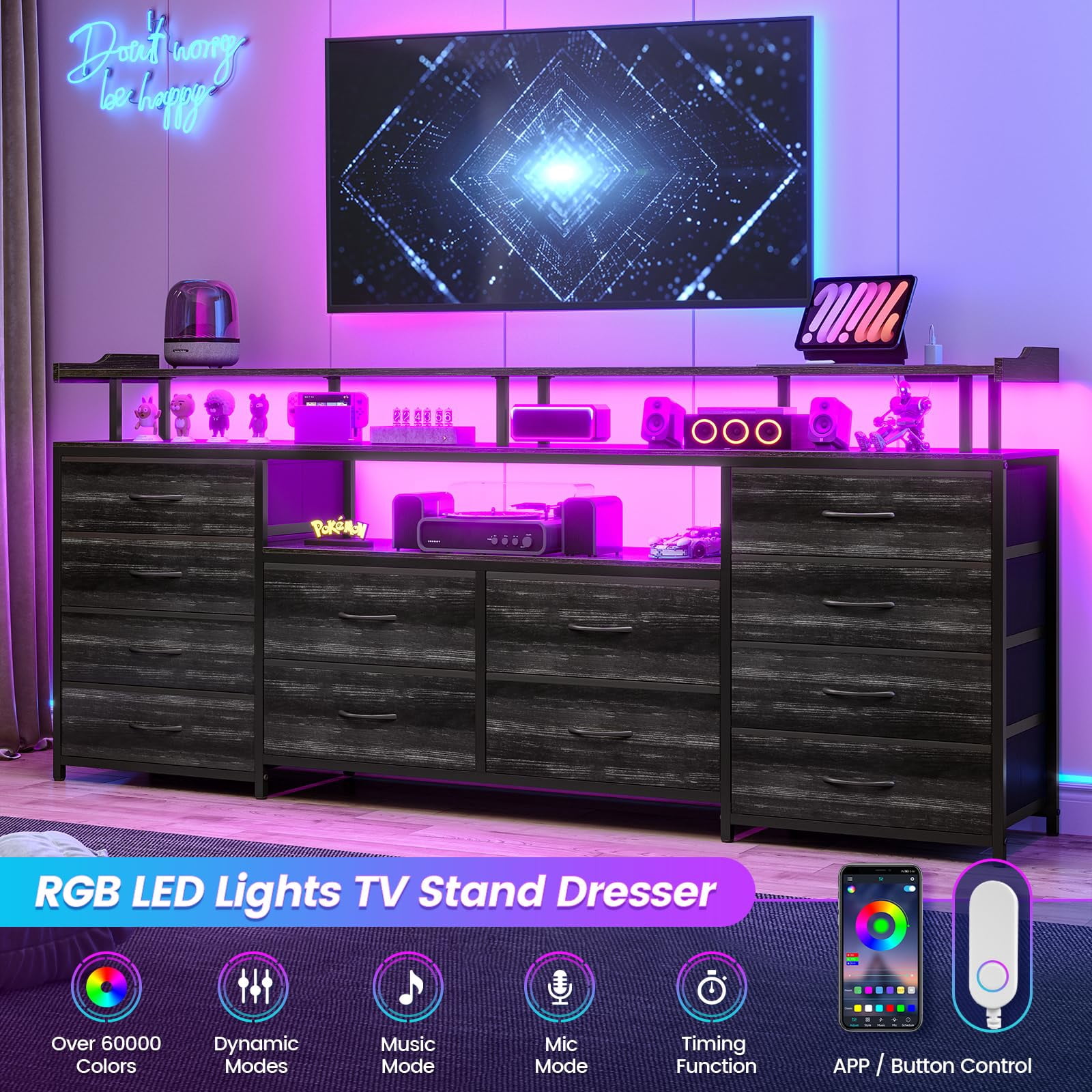 Afuhokles 12 Drawers TV Stand Dresser for 65/70 inch TV with LED Light, Entertainment Center with LED Lights and Power Outlets, 63" TV Console Table for Bedroom, Black