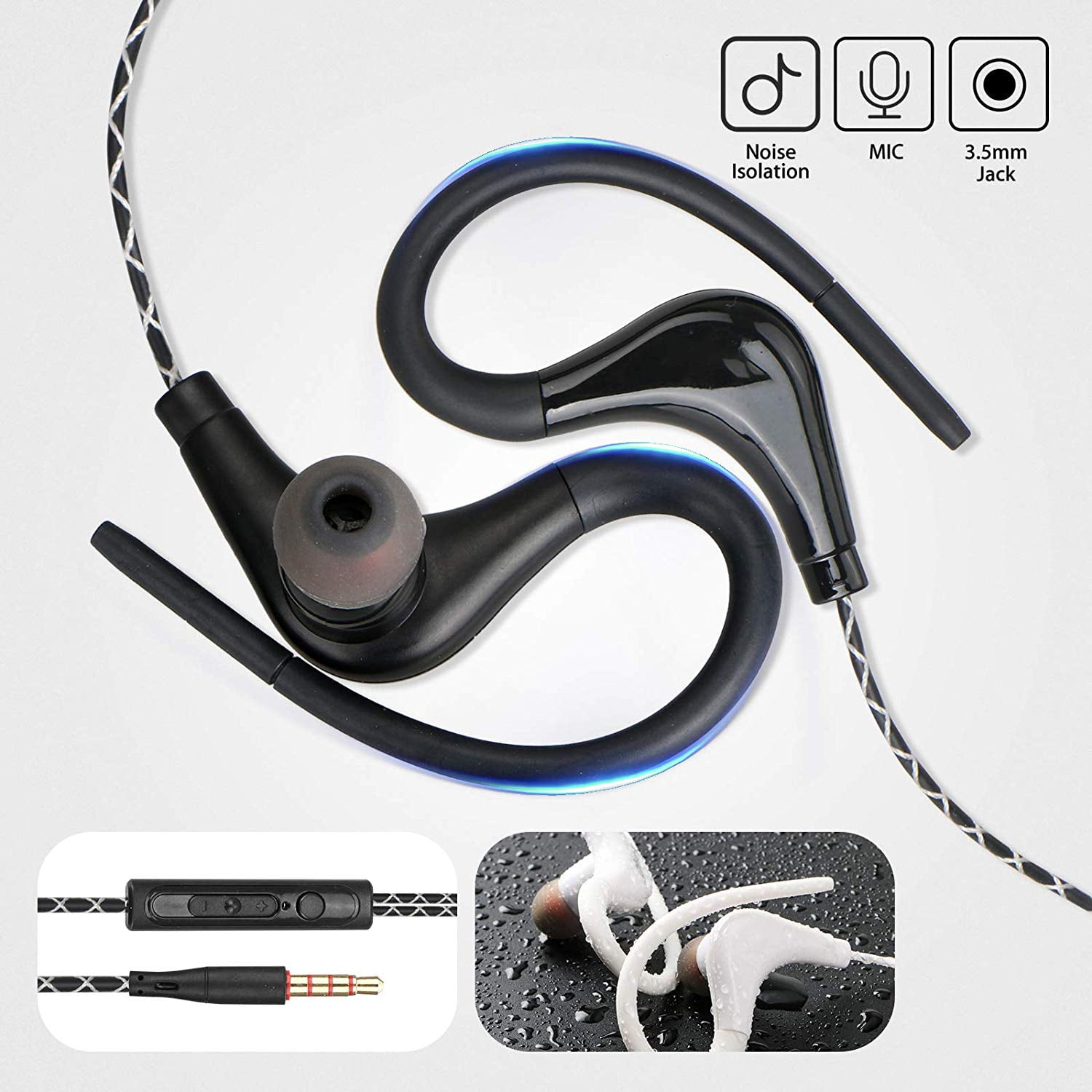 EEEKit Sport Running Earphone, in-Ear Wired Headphone, Earbuds Over Ear Hook 3.5mm Jack, Cell Phone Ear Buds Headset Waterproof (Black)