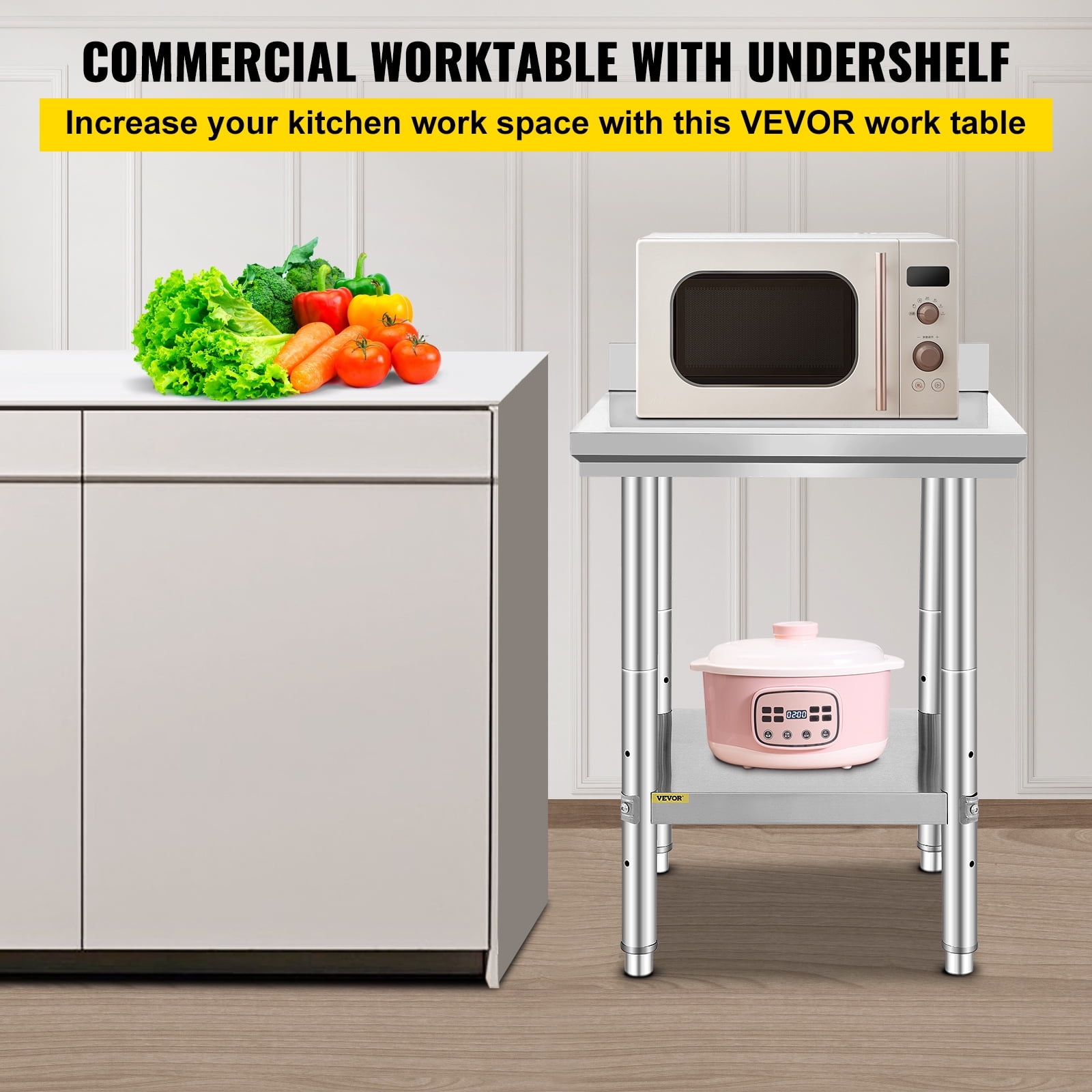 VEVOR Stainless Steel Work Table, Durable Stainless Steel Prep Table with Adjustable Undershelf & Feet, 24 x 24 x 34 Inch, Silver
