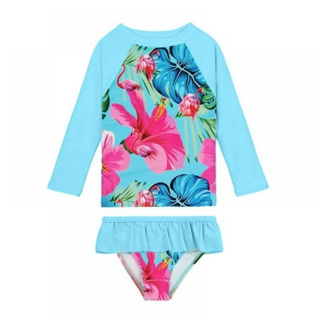 

2-8T Kids Toddler Girls Swimsuit Rashguard Set Summer Beach Breathable Tankini with UPF 50+ Sun Protection - Blue Flowers