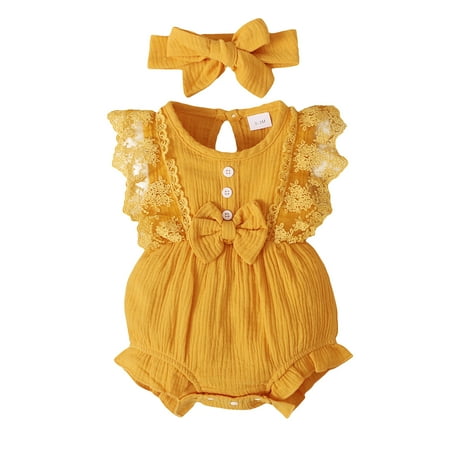 

KIMI BEAR Newborn Baby Girls Outfits 12 Months Spring Summer Outfits 18 Months Pure Color Lacework Fly Sleeve Simple Bodysuit + Headband 2PCS Set Yellow