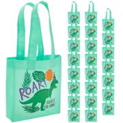 24-Pack Reusable Small Teal Dinosaur Gift Bag with Handles, 6.5x7x1.8 In