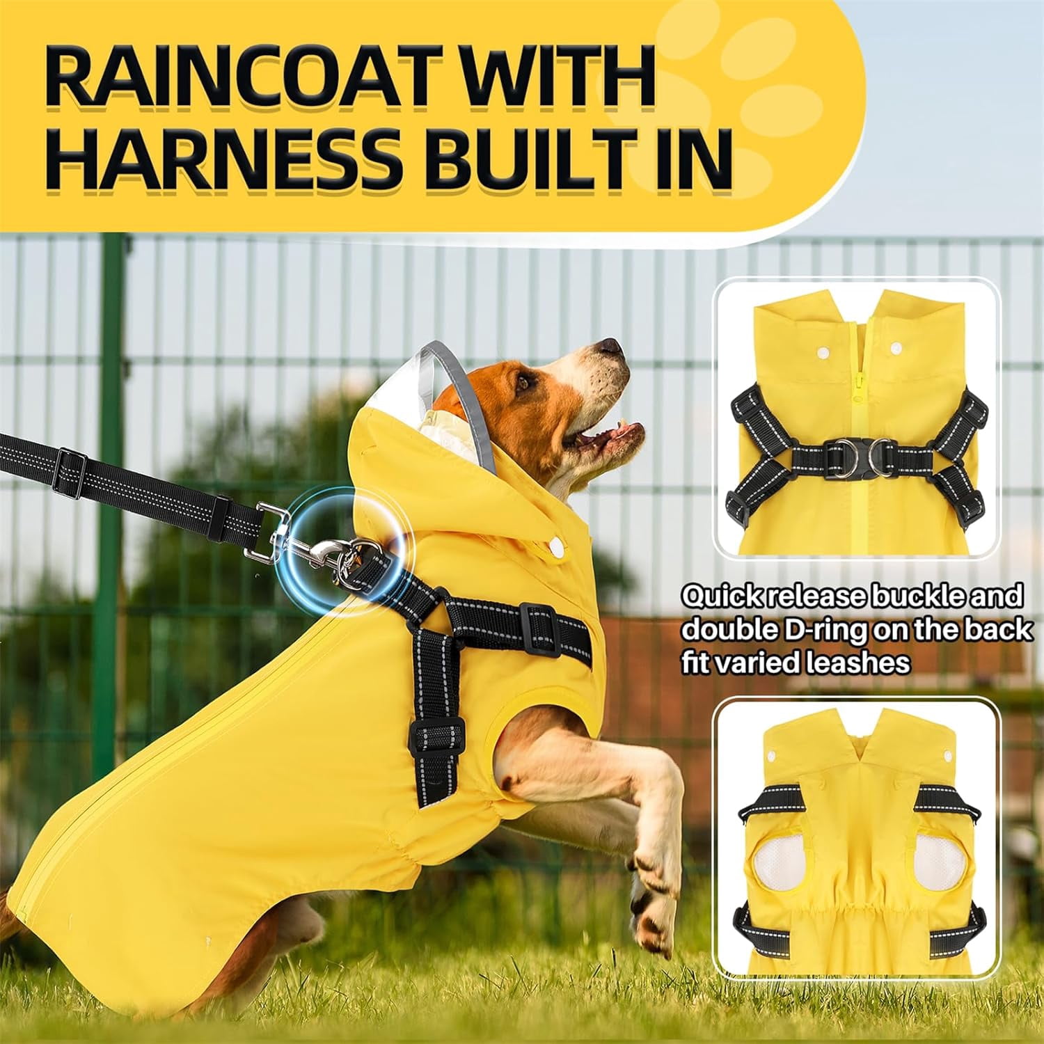 Dog Raincoat Waterproof - Dog Rain Jacket with Harness and Hood Lightweight, Reflective Dogs Rain Coat for Large Medium Small Dogs Girl Boy Puppy Poncho Pet Clothes (Yellow, XL)