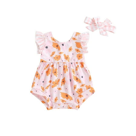 

Sunisery Toddler Baby Girls Summer Romper Outfits Fly Sleeve Crew Neck Floral Jumpsuit with Headband Set 2Pcs Clothes Pink 18-24 Months